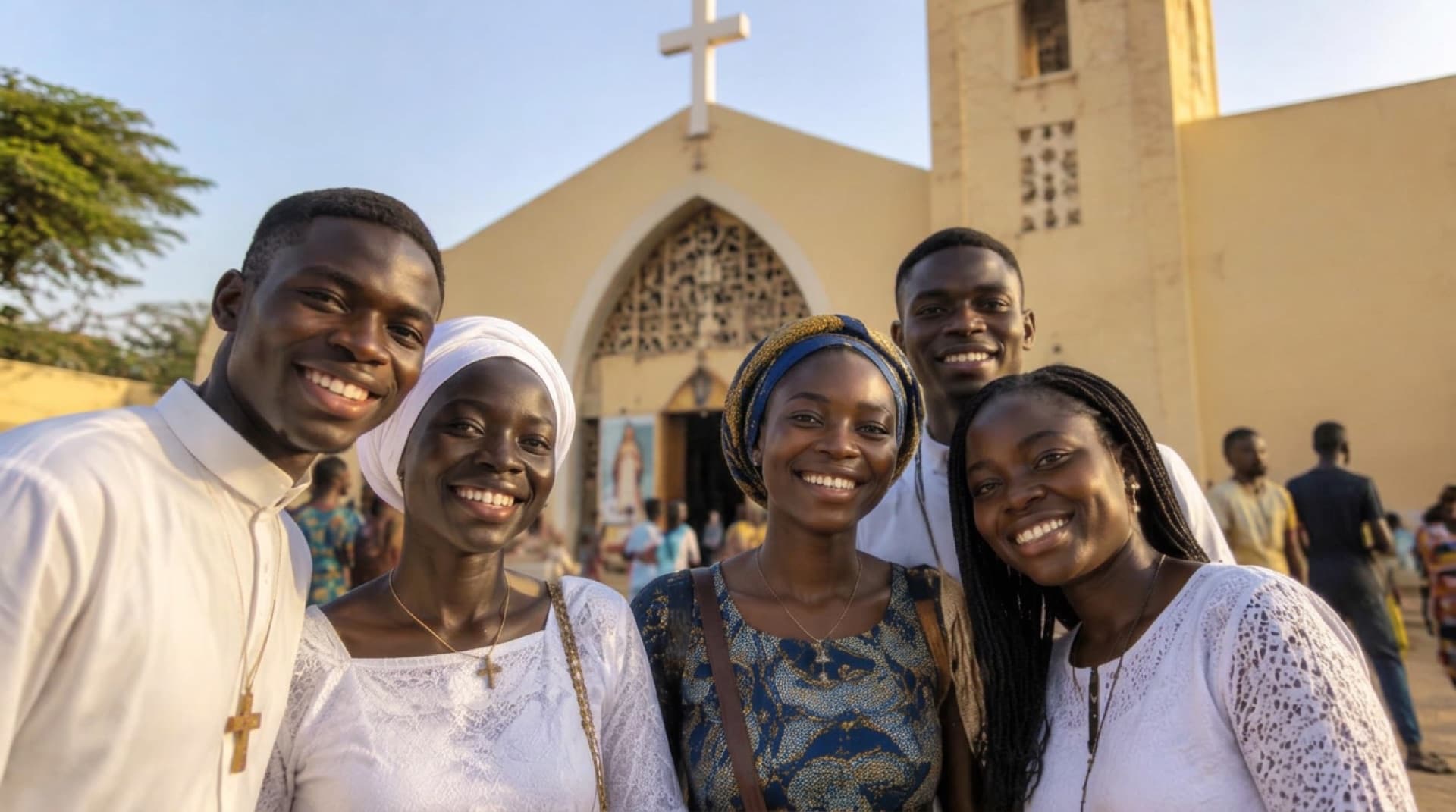 Une jeune femme chante devant l'église